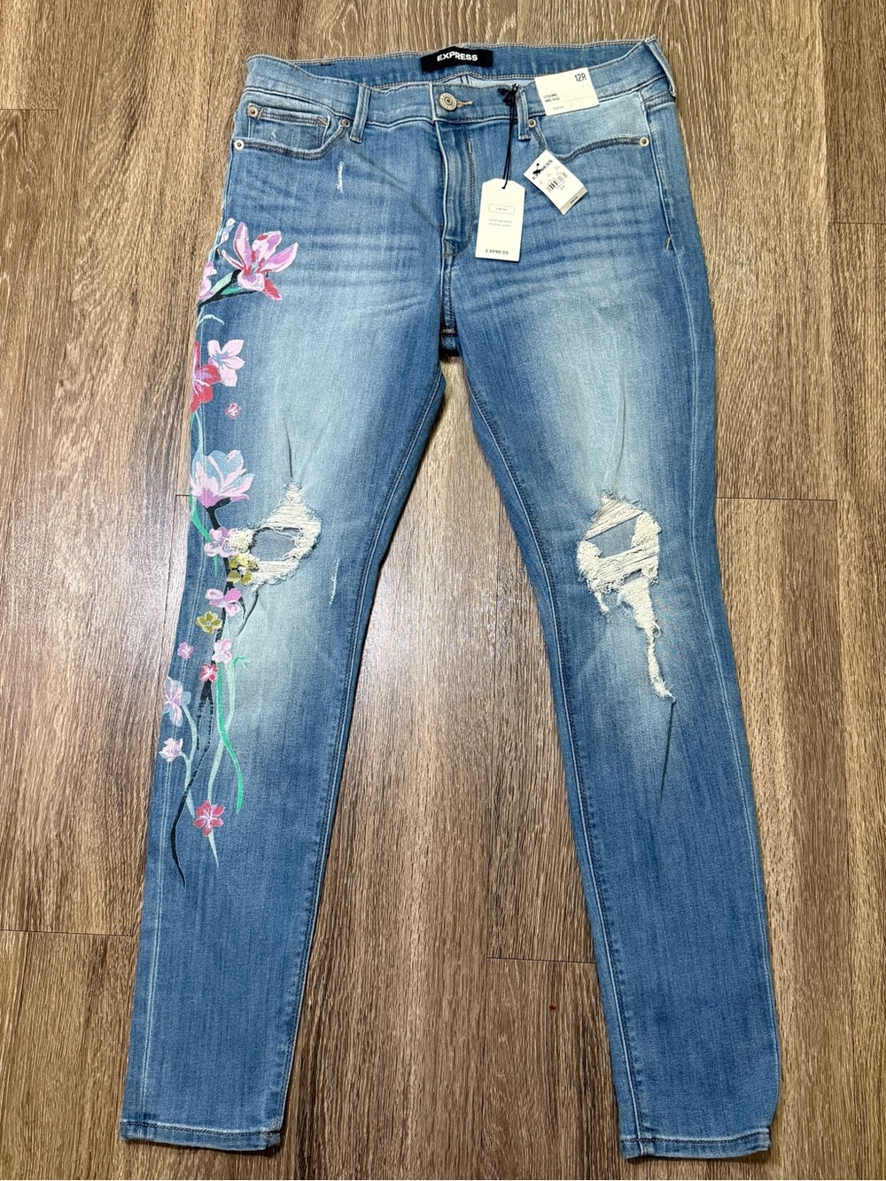 Express Light Blue Embroidered Distressed Skinny Jeans